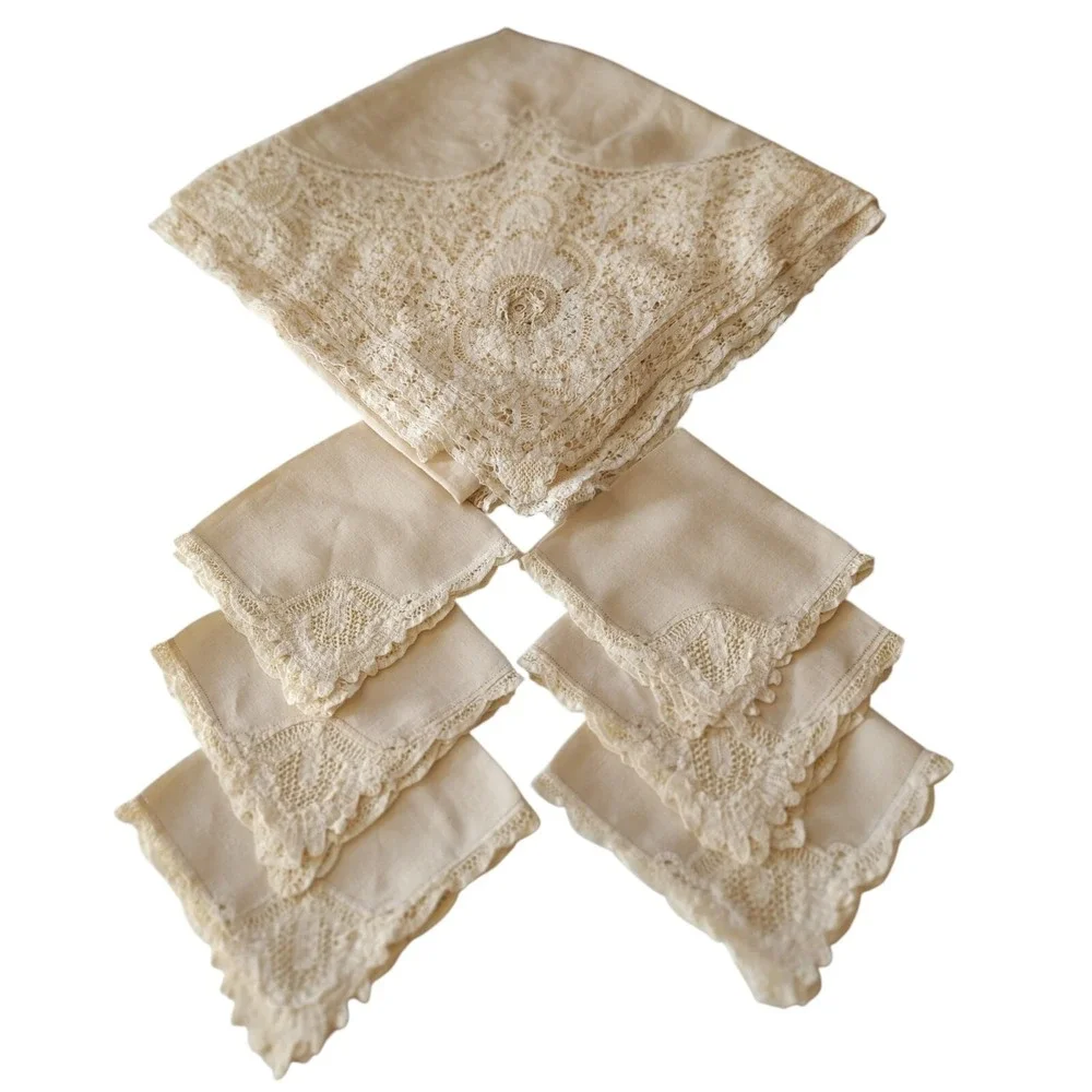 Vintage Irish Battenberg Lace Tablecloth and Six Napkins Set Cotton 56x59 Inches
